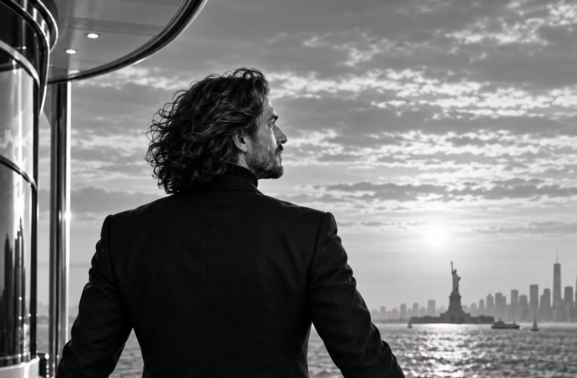 A long-haired man in a dark suit stands at the helm of a yacht, looking towards the Statue of Liberty and the Manhattan skyline at dawn
